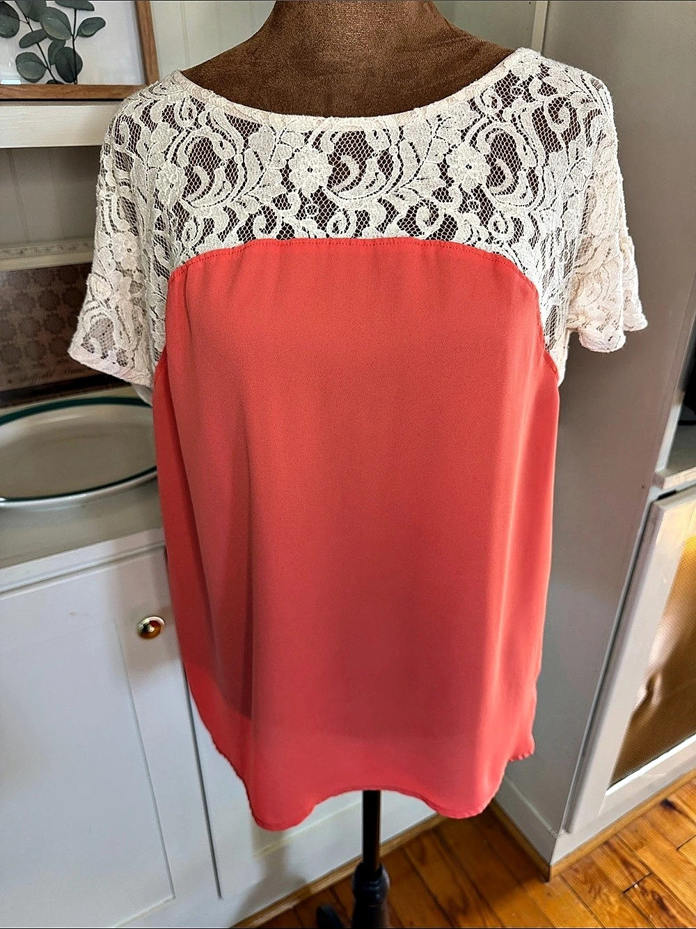 Maeve Lace Yoke Coral & Cream Top
